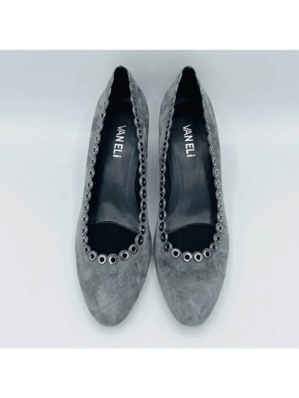 Vaneli Shoes Womens Size 7 N Gray Suede Slip On Pumps Wedge Heels Studded